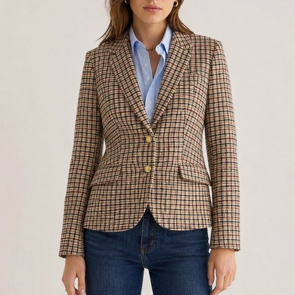 J.Crew Schoolboy Blazer 6 Tan Plaid Wool Blend Gold Crest Button Preppy Jacket